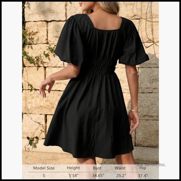 Summer Cotton Deep V Neck Puff Sleeve A-Line Mini Dress with Pockets - Picture 4 of 7